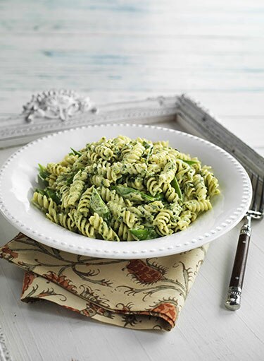 Fusili with Spinach and Basil Pesto and Snow Peas