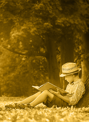 a boy next to a tree reading a book small