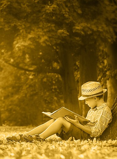 a boy next to a tree reading a book small