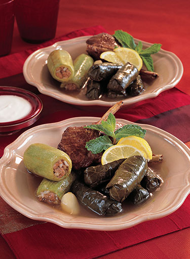 Stuffed Baby Zucchini and Vine Leaves with Lamb Chops