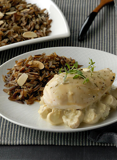 Roasted Chicken with Mushroom Ragout and Almonds Wild Rice
