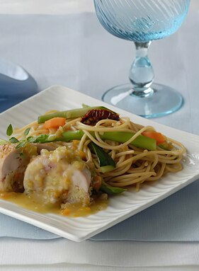 Roasted Quails with Bread Stuffing, Linguini Pasta and Vegetables