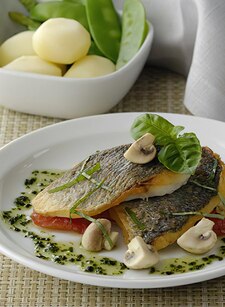 Sea Bass with Crispy Skin in Basil Sauce
