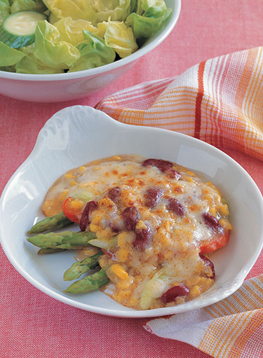 Beans with Sweet Corn and Asparagus Gratin