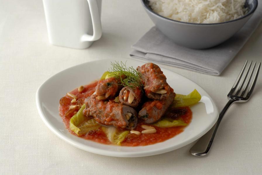 Beef Roulade with Raisins, Pine Nuts and Tomato Sauce