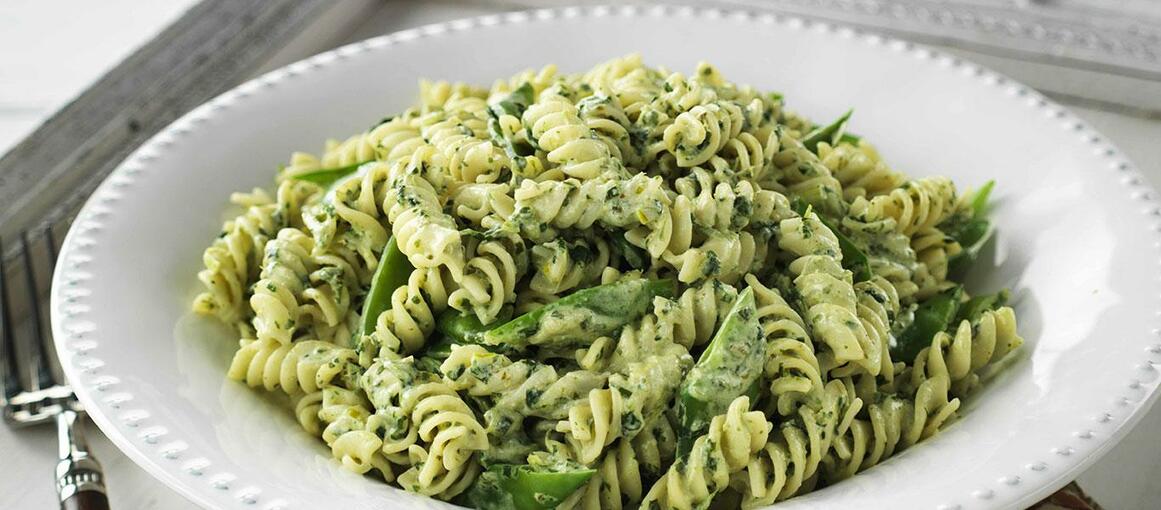Fusili with Spinach and Basil Pesto and Snow Peas