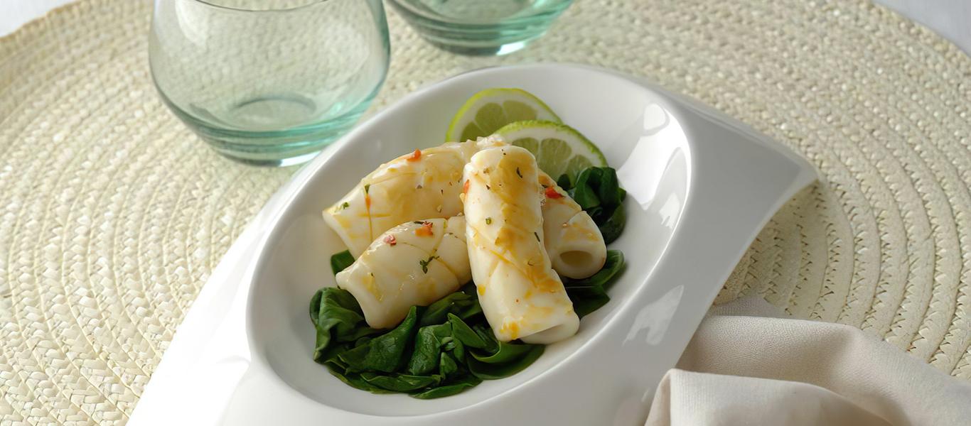 Grilled Squid with Wilted Spinach and Butter