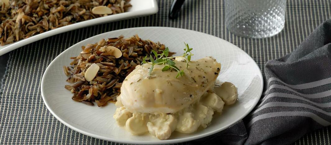 Roasted Chicken with Mushroom Ragout and Almonds Wild Rice