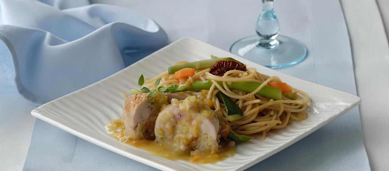 Roasted Quails with Bread Stuffing, Linguini Pasta and Vegetables