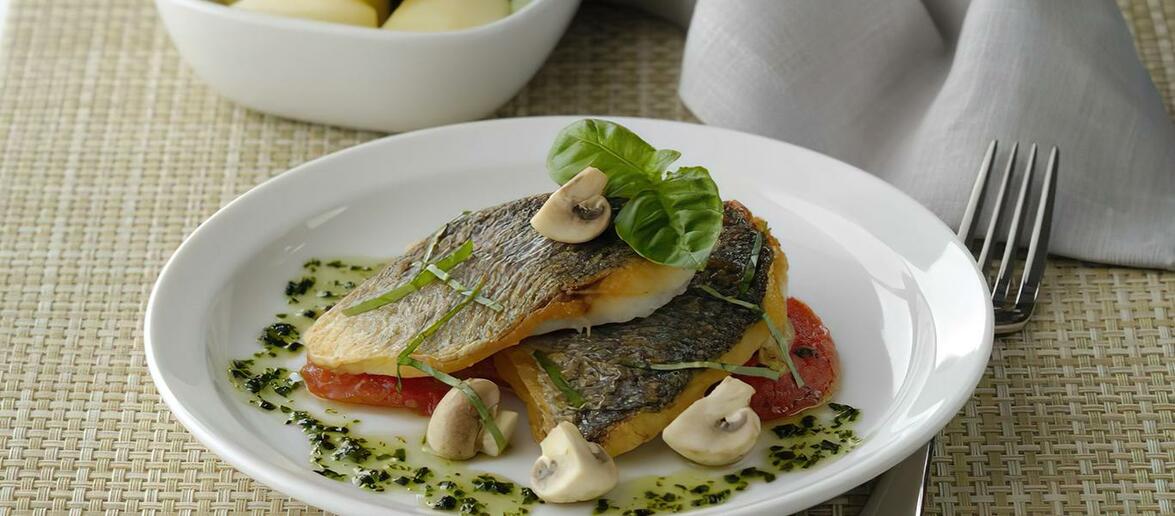Sea Bass with Crispy Skin in Basil Sauce