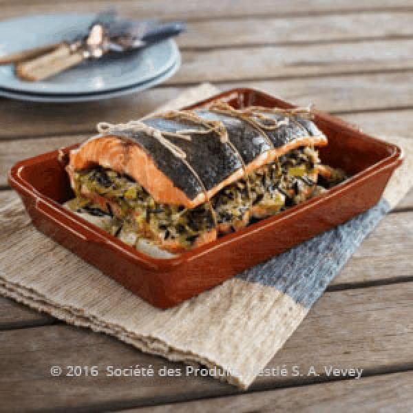 Salmon with Leek & Wild Rice Stuffing