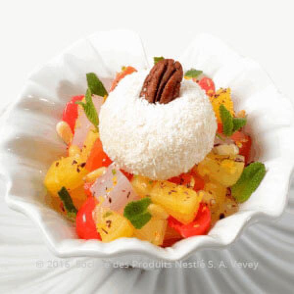 Fruit salad with coco milk bowl