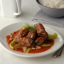 Beef Roulade with Raisins, Pine Nuts and Tomato Sauce