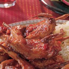 Quails with Spicy Red Sauce and Cumin Rice