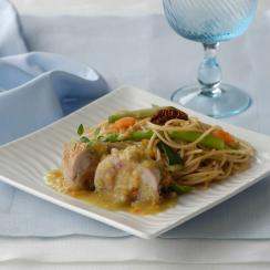 Roasted Quails with Bread Stuffing, Linguini Pasta and Vegetables